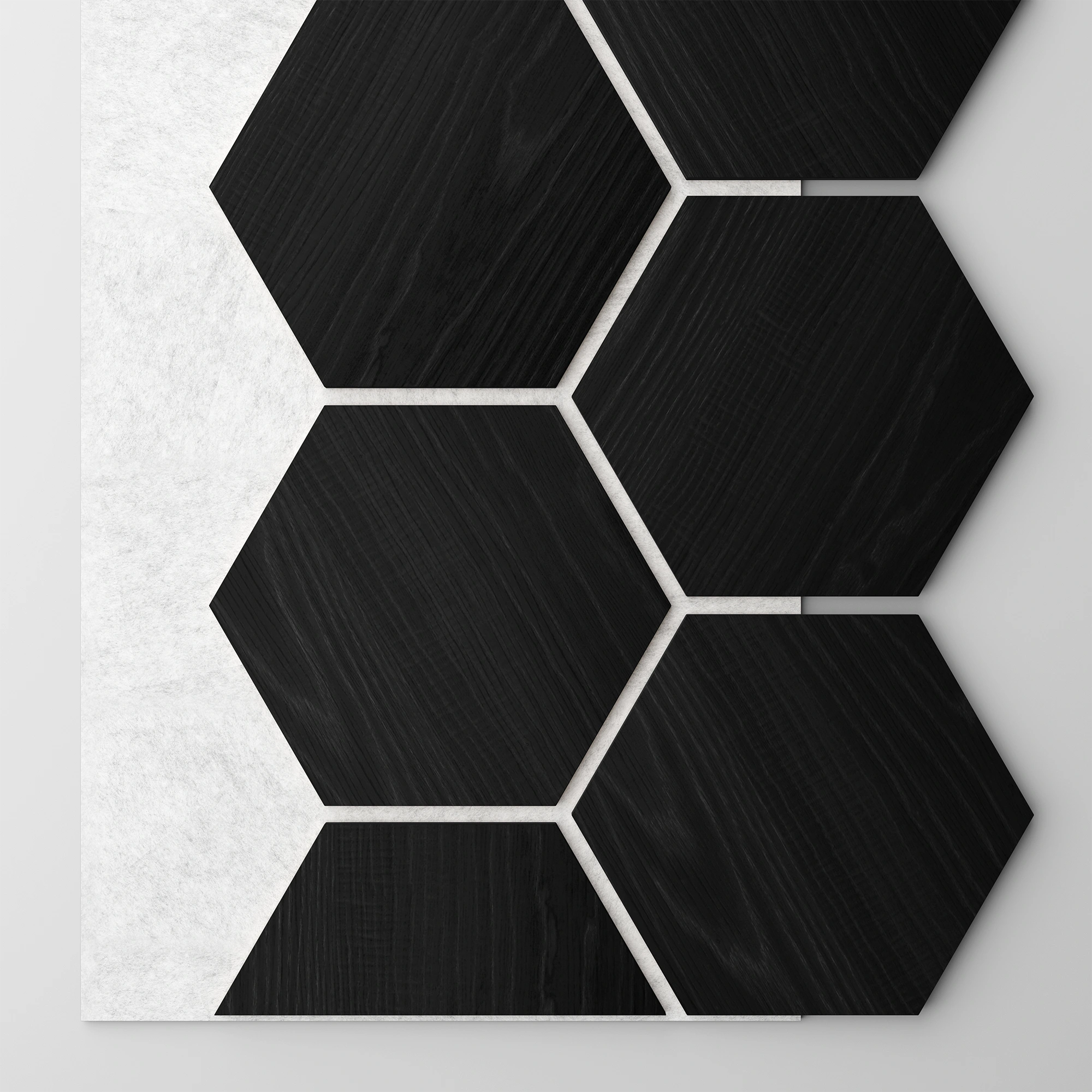 Ribbon-Hexagon Black Diamond Ash joint panel with white acoustic felt with dimensions